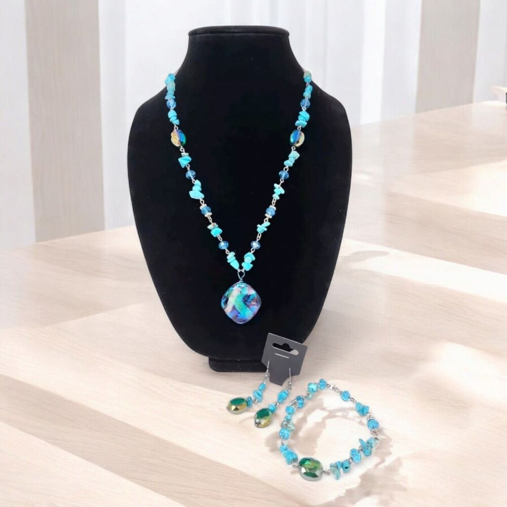 Boho Blue Stone Statement Necklace Earrings and Bracelet Set Beaded Gift Boxed